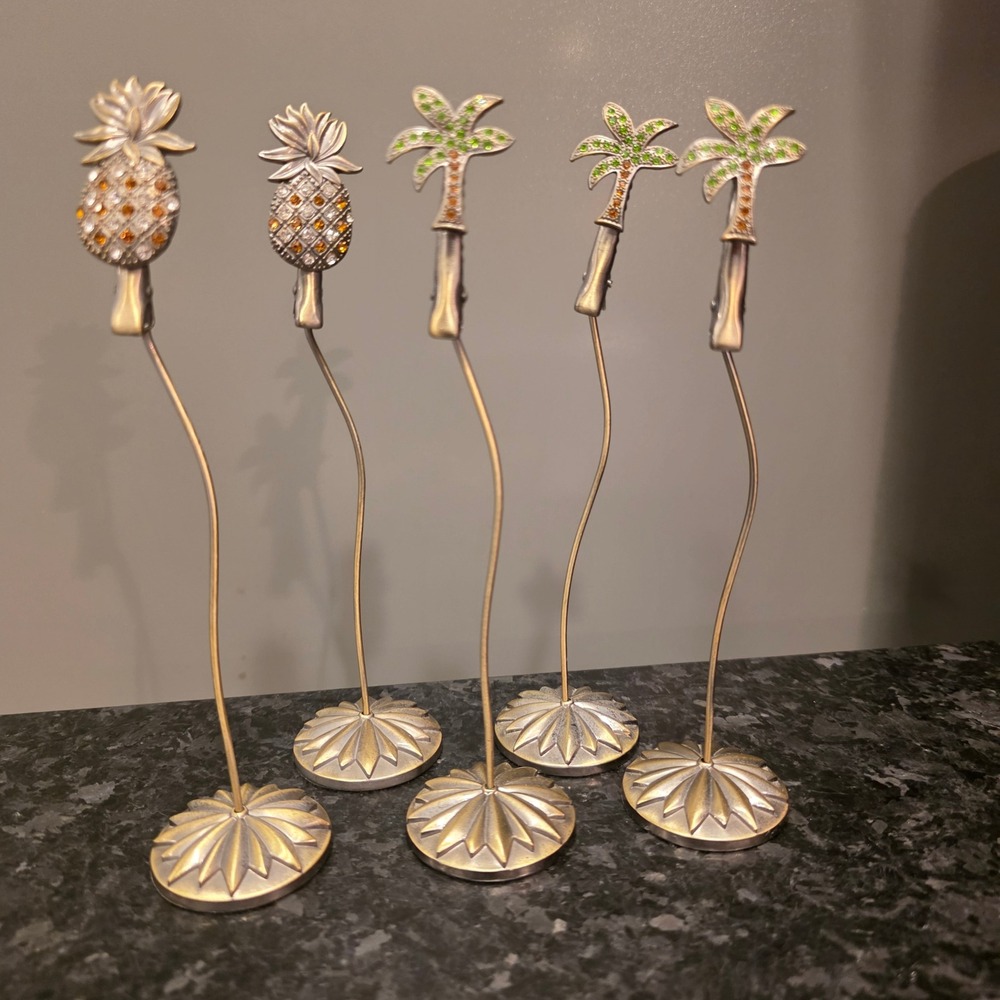 Tropical Pineapple Palm Tree Place Card Holders Photo Clips Rhinestone Set of 5